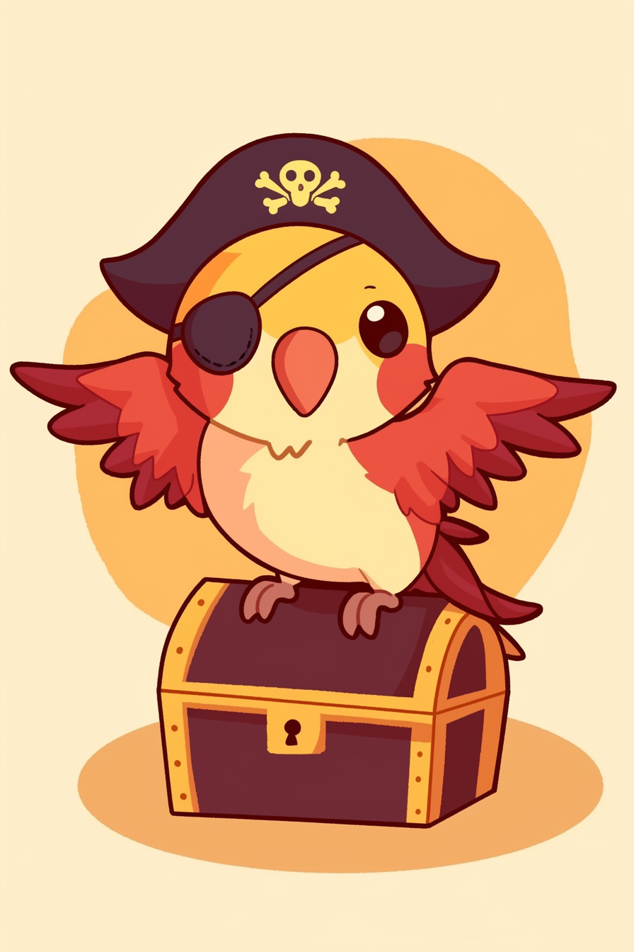 halloween cute animals drawings 2: A cheerful parrot dressed as a pirate, perched atop an ornate treasure chest, embodies the fun spirit of Halloween.